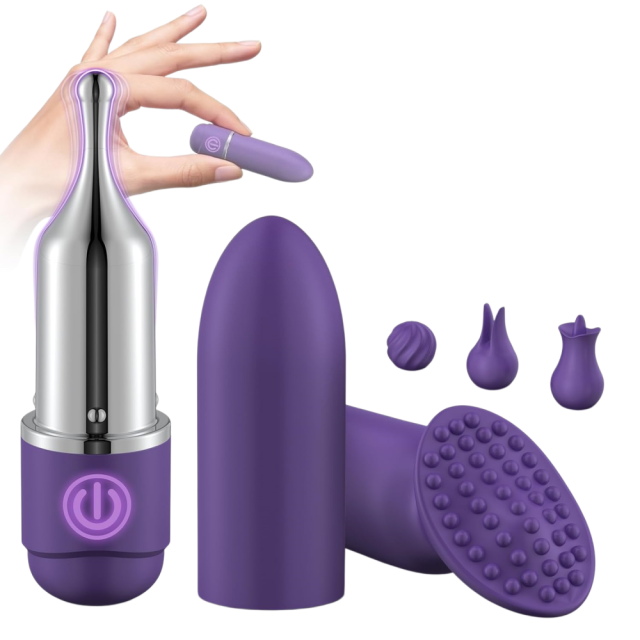 Rechargeable Clitoral Vibrator Kit with 5 Interchangeable Silicone Attachments – 10 Vibrating Modes
