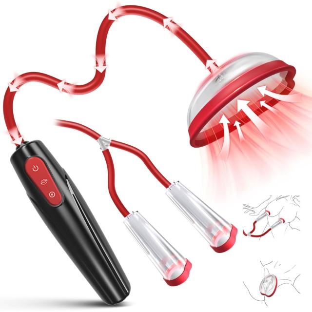 7.29" Black & Red Rechargeable Waterproof Silicone Suction Massager Set with 5 Attachments – 10 Suction Modes