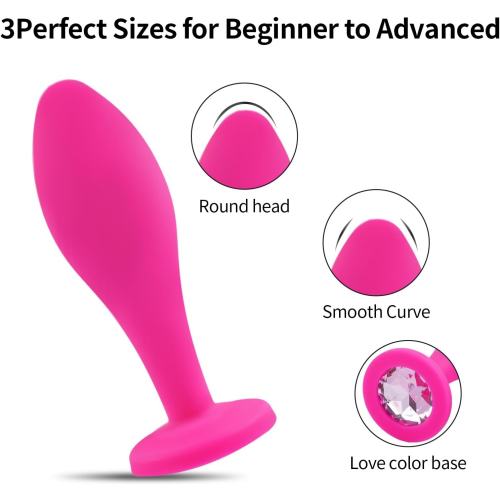 3-Piece Magenta Silicone Jeweled Anal Plug Set