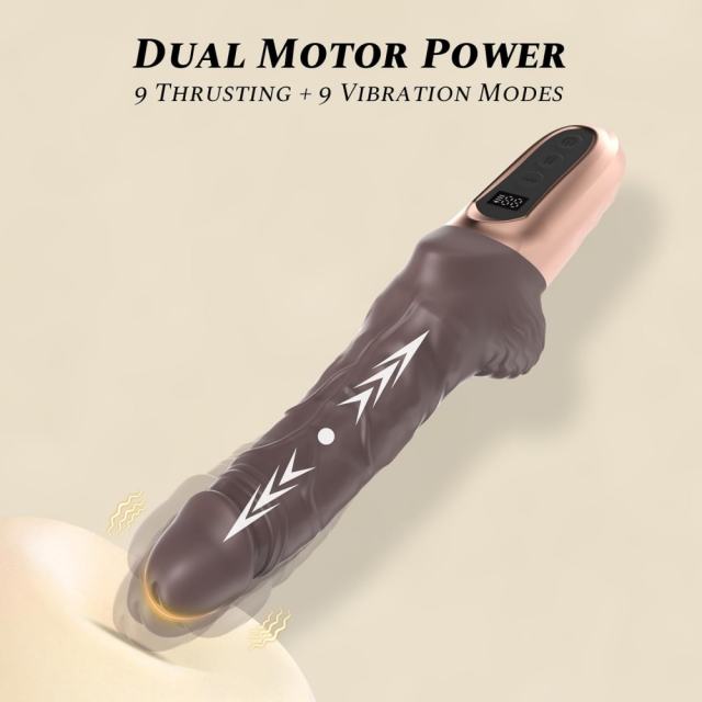 9.85" Brown Rechargeable Waterproof Silicone Thrusting Realistic Vibrator – 9 Vibrating + 9 Thrusting Modes