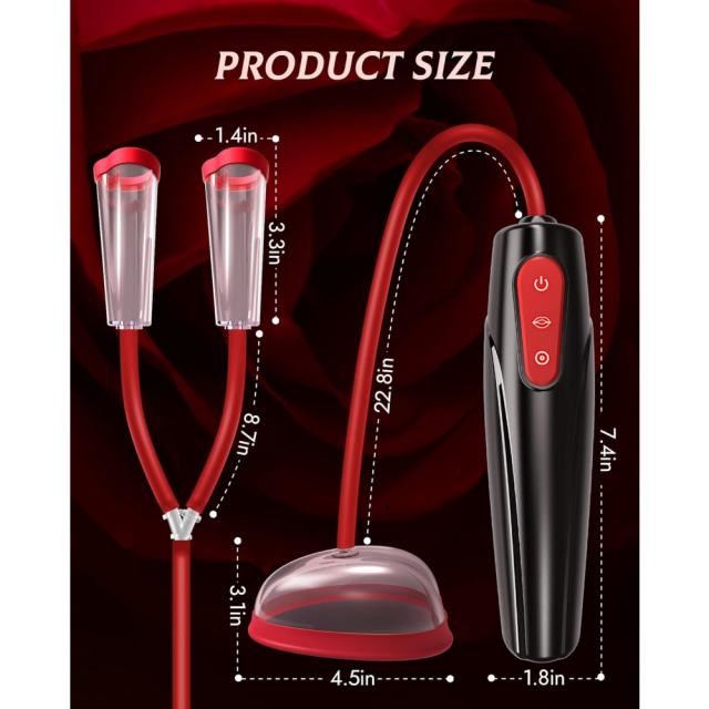 7.29" Black & Red Rechargeable Waterproof Silicone Suction Massager Set with 5 Attachments – 10 Suction Modes