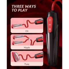 7.29" Black & Red Rechargeable Waterproof Silicone Suction Massager Set with 5 Attachments – 10 Suction Modes