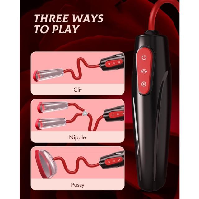 7.29" Black & Red Rechargeable Waterproof Silicone Suction Massager Set with 5 Attachments – 10 Suction Modes
