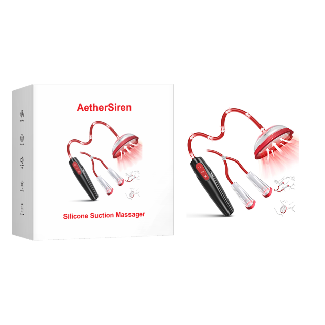 7.29" Black & Red Rechargeable Waterproof Silicone Suction Massager Set with 5 Attachments – 10 Suction Modes