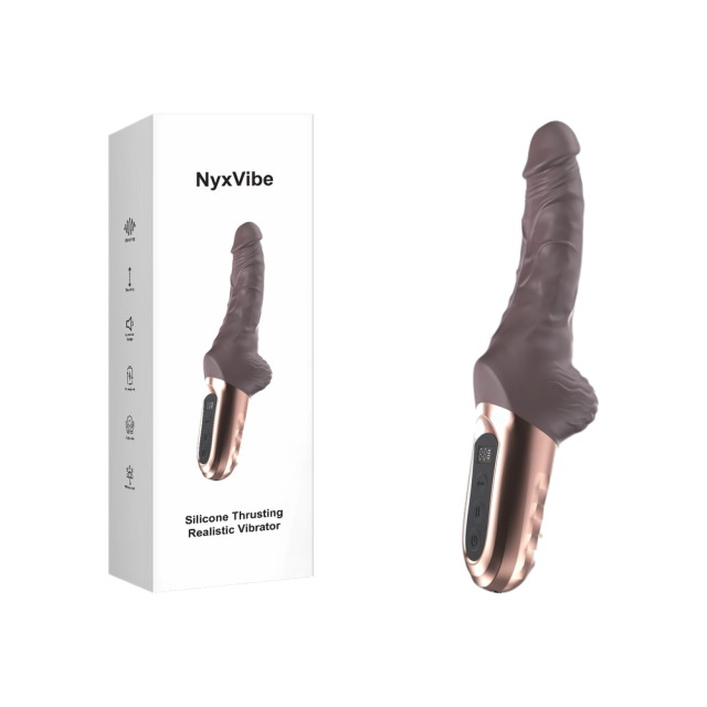 9.85" Brown Rechargeable Waterproof Silicone Thrusting Realistic Vibrator – 9 Vibrating + 9 Thrusting Modes