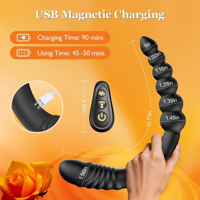 9.46" Black Rechargeable Waterproof Silicone Remote-Controlled Thrusting Prostate Massager – 9 Vibrating + 9 Thrusting Modes