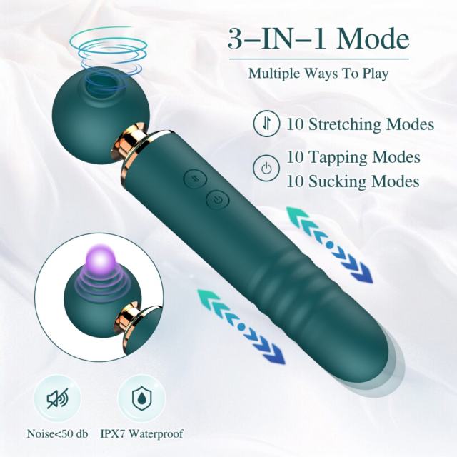 10-Speed 3-in-1 Sucking & Thrusting Silicone Wand Massager in Green – Rechargeable & Waterproof