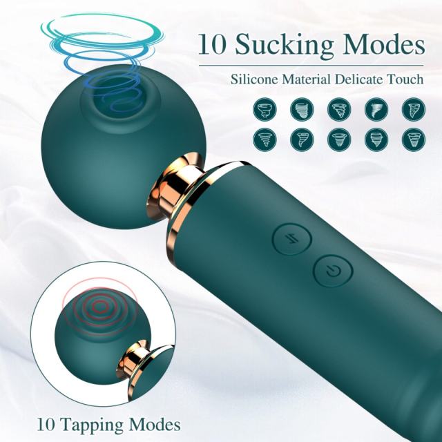 10-Speed 3-in-1 Sucking & Thrusting Silicone Wand Massager in Green – Rechargeable & Waterproof