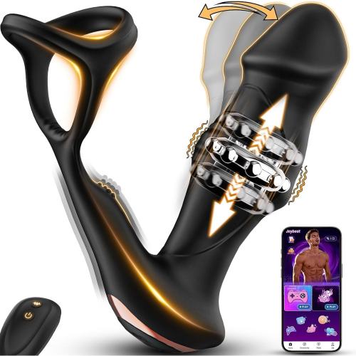 6.30" Black Rechargeable Waterproof Silicone App-Controlled Beads Motion Prostate Massager – 9 Vibrating + 9 Wiggling + 9 Beads Motion Modes