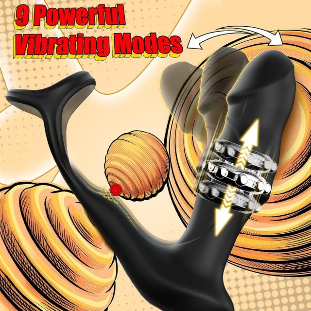 6.30" Black Rechargeable Waterproof Silicone App-Controlled Beads Motion Prostate Massager – 9 Vibrating + 9 Wiggling + 9 Beads Motion Modes