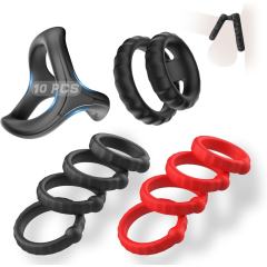 10-Piece Black & Red Waterproof Silicone Cock Ring Set – Multiple Shapes & Textures