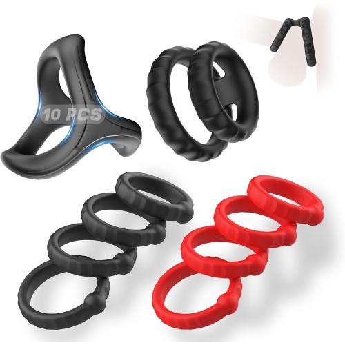 10-Piece Black & Red Waterproof Silicone Cock Ring Set – Multiple Shapes & Textures