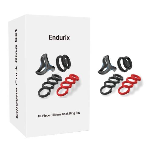 10-Piece Black & Red Waterproof Silicone Cock Ring Set – Multiple Shapes & Textures