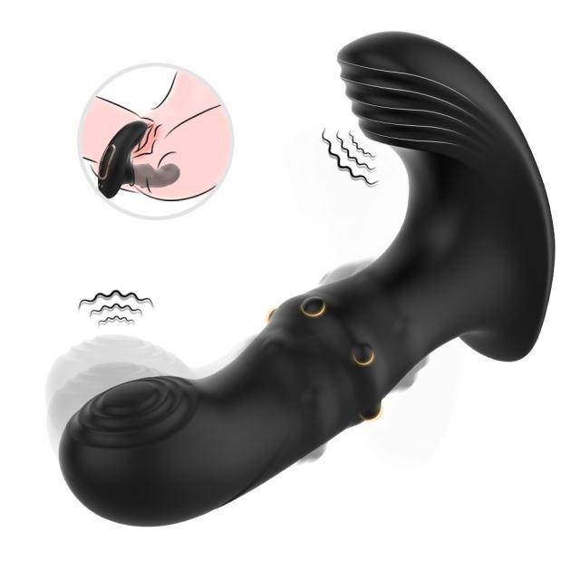 6.11" Black Rechargeable Waterproof Silicone Remote-Controlled Beads Motion Prostate Massager – 9 Vibrating + 9 Wiggling + 9 Beads Motion Modes
