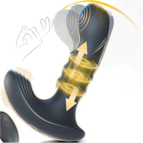 6.11" Black Rechargeable Waterproof Silicone Remote-Controlled Beads Motion Prostate Massager – 9 Vibrating + 9 Wiggling + 9 Beads Motion Modes