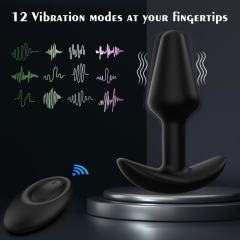 4.33" Black Rechargeable Waterproof Silicone Remote-Controlled Butt Plug Vibrator – 12 Vibrating Modes