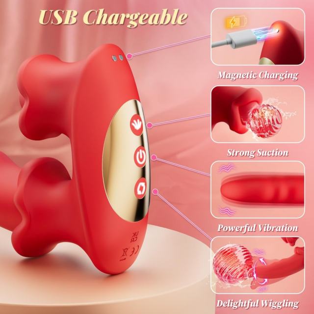 7.09" Red Rechargeable Waterproof Silicone Rotating Suction Rabbit Vibrator – 10 Vibrating + 10 Suction + 10 Rotating Modes