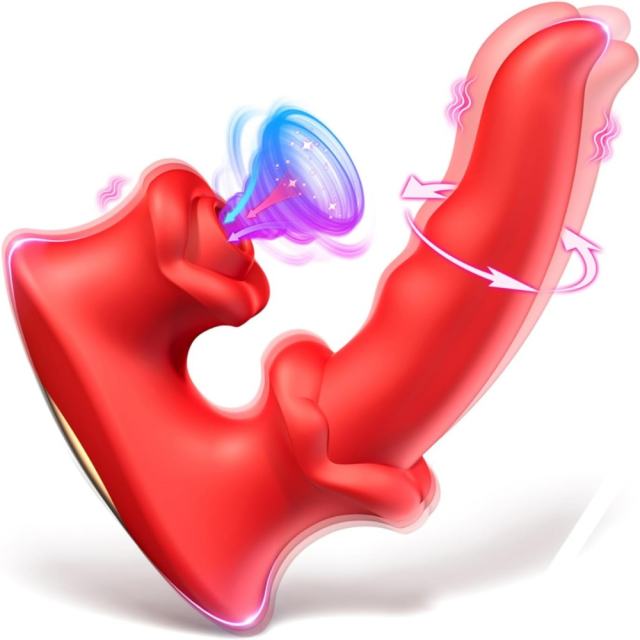 7.09" Red Rechargeable Waterproof Silicone Rotating Suction Rabbit Vibrator – 10 Vibrating + 10 Suction + 10 Rotating Modes