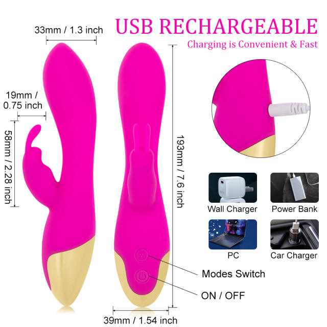 7.60" Magenta & Gold Rechargeable Waterproof Silicone Rabbit Vibrator – 10 Vibrating Modes