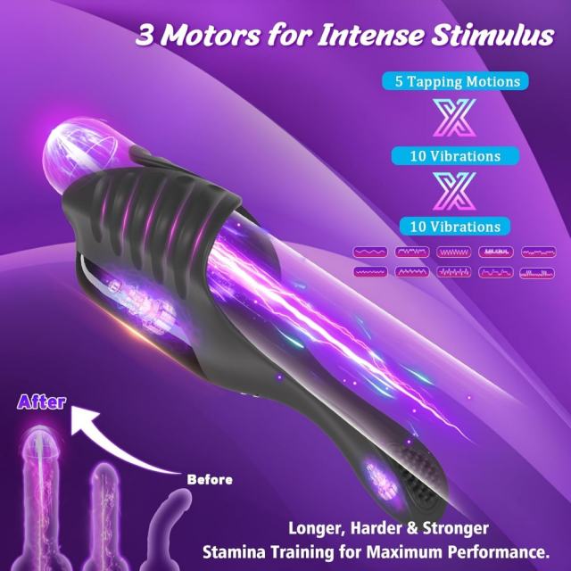 7.09" Black Rechargeable Waterproof Silicone Tapping Vibrator with Silicone Ring – 10 Vibrating + 5 Tapping Modes