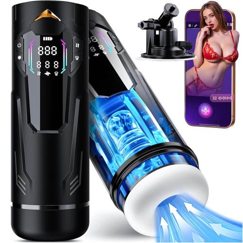 10.44" Black & White Rechargeable Waterproof TPE + ABS App-Controlled Automatic Male Masturbator – 7 Vibrating + 7 Suction + 7 Thrusting Modes