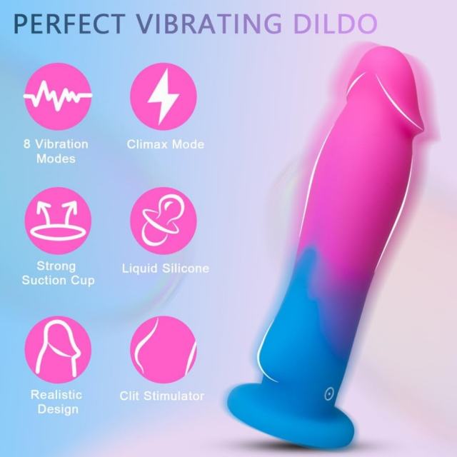 7.21" Magenta & Blue Rechargeable Waterproof Silicone Vibrating Dildo – 8 Vibrating Modes