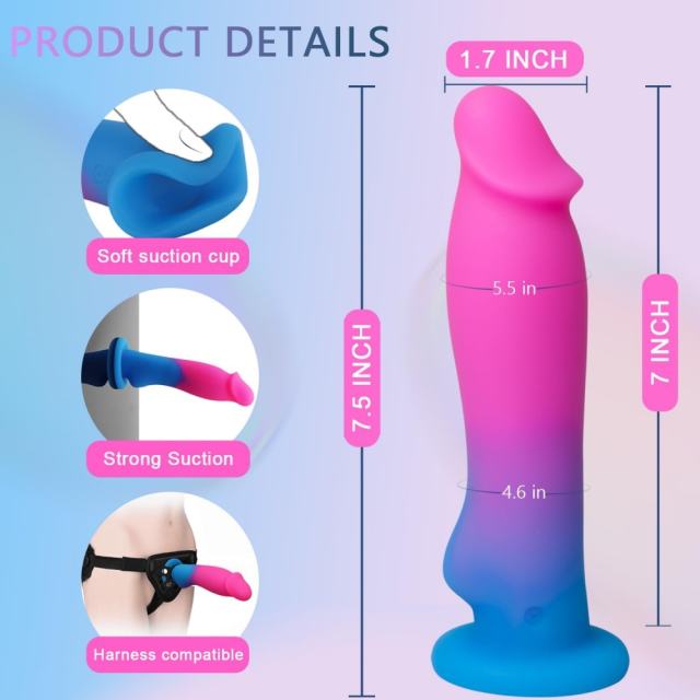 7.21" Magenta & Blue Rechargeable Waterproof Silicone Vibrating Dildo – 8 Vibrating Modes