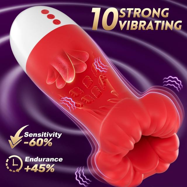 7.88" Red & White Rechargeable Waterproof Silicone Massager – 10 Vibrating + 10 Tongue-Licking + 4 Suction Modes