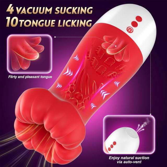 7.88" Red & White Rechargeable Waterproof Silicone Massager – 10 Vibrating + 10 Tongue-Licking + 4 Suction Modes