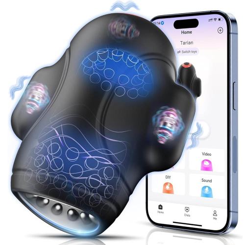 Black Rechargeable Waterproof Silicone App-Controlled Male Masturbator – 9 Vibrating Modes