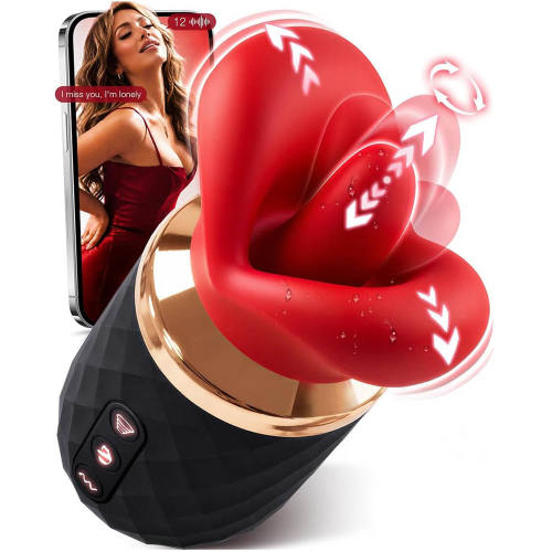 Black & Red Rechargeable Waterproof Silicone App-Controlled Rose Massager – 10 Vibrating + 10 Tongue-Licking + 10 Gripping Modes