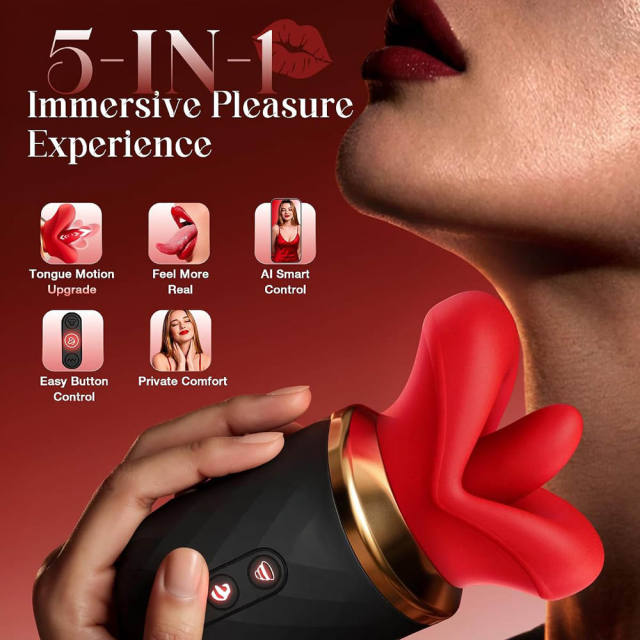 Black & Red Rechargeable Waterproof Silicone App-Controlled Rose Massager – 10 Vibrating + 10 Tongue-Licking + 10 Gripping Modes