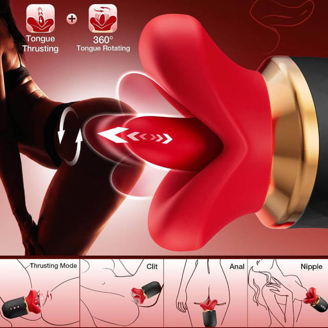 Black & Red Rechargeable Waterproof Silicone App-Controlled Rose Massager – 10 Vibrating + 10 Tongue-Licking + 10 Gripping Modes