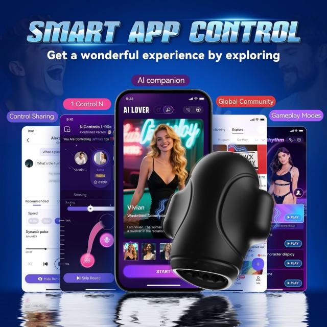 Black Rechargeable Waterproof Silicone App-Controlled Male Masturbator – 9 Vibrating Modes