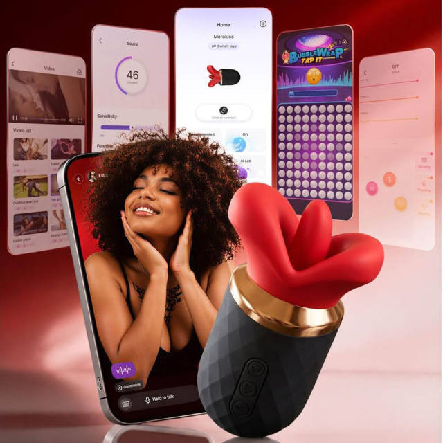 Black & Red Rechargeable Waterproof Silicone App-Controlled Rose Massager – 10 Vibrating + 10 Tongue-Licking + 10 Gripping Modes
