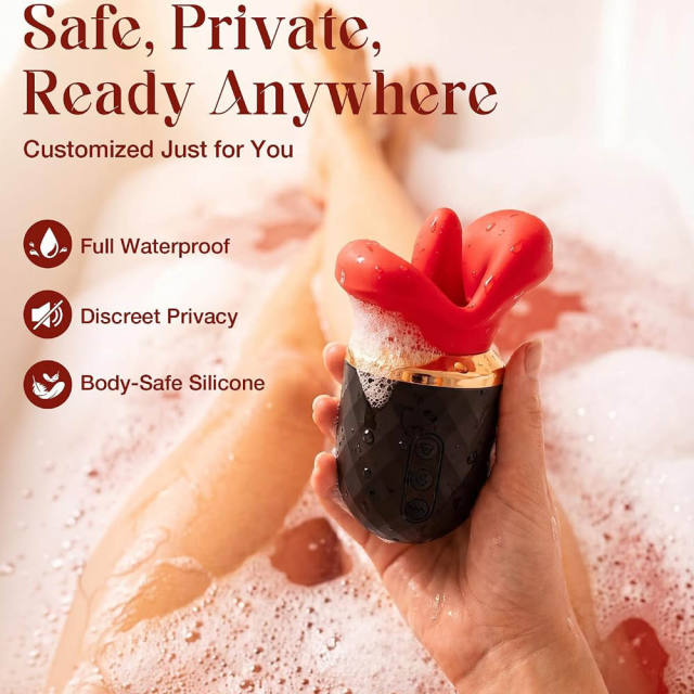 Black & Red Rechargeable Waterproof Silicone App-Controlled Rose Massager – 10 Vibrating + 10 Tongue-Licking + 10 Gripping Modes