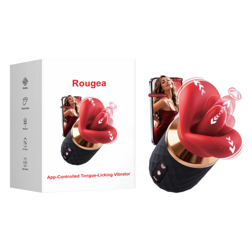 Black & Red Rechargeable Waterproof Silicone App-Controlled Rose Massager – 10 Vibrating + 10 Tongue-Licking + 10 Gripping Modes