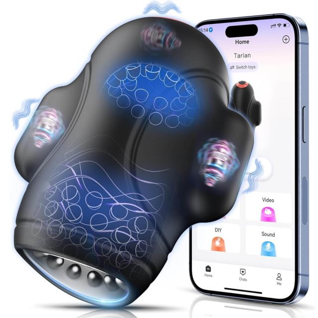 Black Rechargeable Waterproof Silicone App-Controlled Male Masturbator – 9 Vibrating Modes