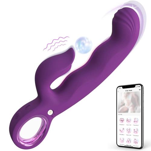 8.67" Dark Purple Rechargeable Waterproof Silicone App-Controlled Thrusting Rabbit Vibrator – 9 Vibrating + 9 Thrusting Modes