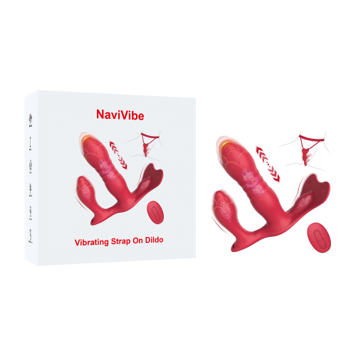 6.30" Red Rechargeable Waterproof Silicone Remote-Controlled Dual-Penetration Strap-On Vibrator – 10 Vibrating + 10 Thrusting Modes