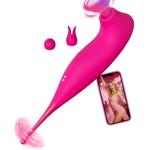 8.00" Magenta Rechargeable Waterproof Silicone App-Controlled Suction Vibrator with 2 Interchangeable Silicone Attachments – 10 Vibrating + 10 Suction Modes