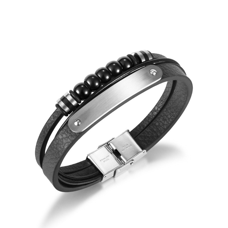 Mens Leather Bracelet Stainless Steel