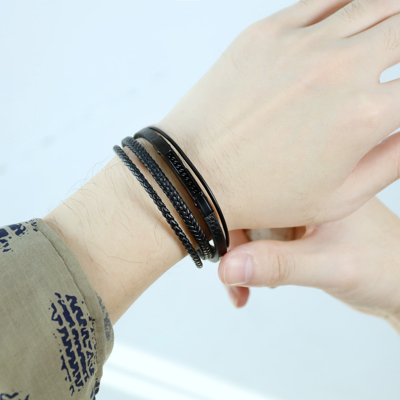 Mens Leather Stainless Steel Bracelets