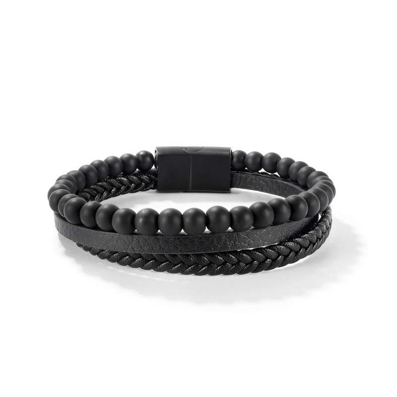 Engraved Bracelet For Men In Stainless Steel And Black Leather