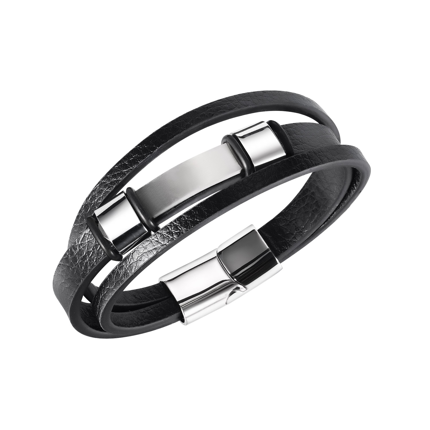 Men's Black Leather Bangle Bracelet In Stainless Steel