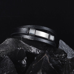 Men's Black Leather Bangle Bracelet In Stainless Steel