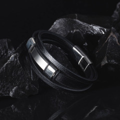 Men's Black Leather Bangle Bracelet In Stainless Steel