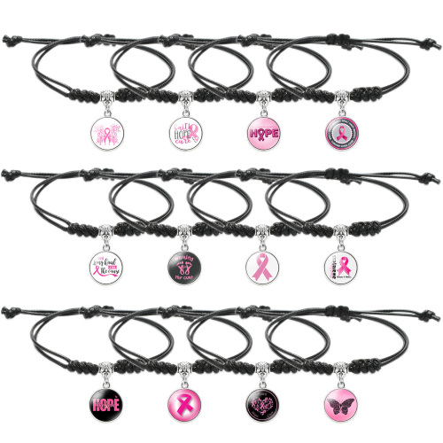 Black Leather Rope Breast Cancer Awareness Pink Ribbon Charm Bracelet