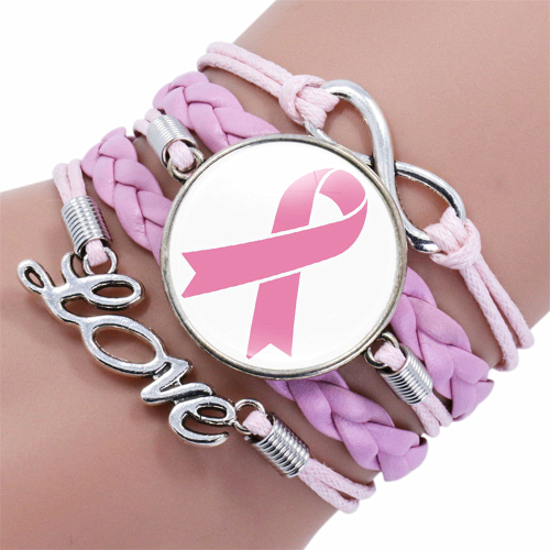 Stacked Leather Breast Cancer Awareness Bracelet