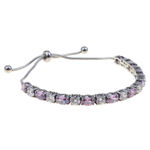 Stainless Steel Tennis Bracelet - Adjustable 4mm Square cut &amp; Oval cut Amethyst purple &amp; White Ombre cubic zirconia tennis chain bracelet